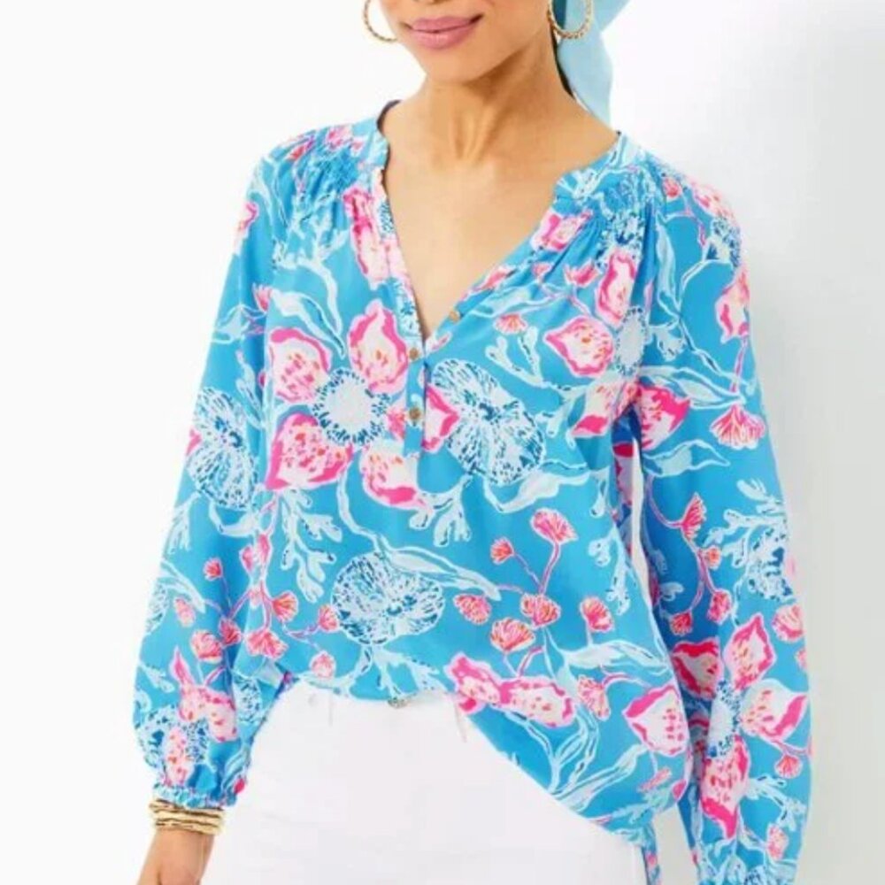 Lilly Pulitzer NWT Elsa Silk Top Blue Pink Bahamian Rhapsody, Size XS